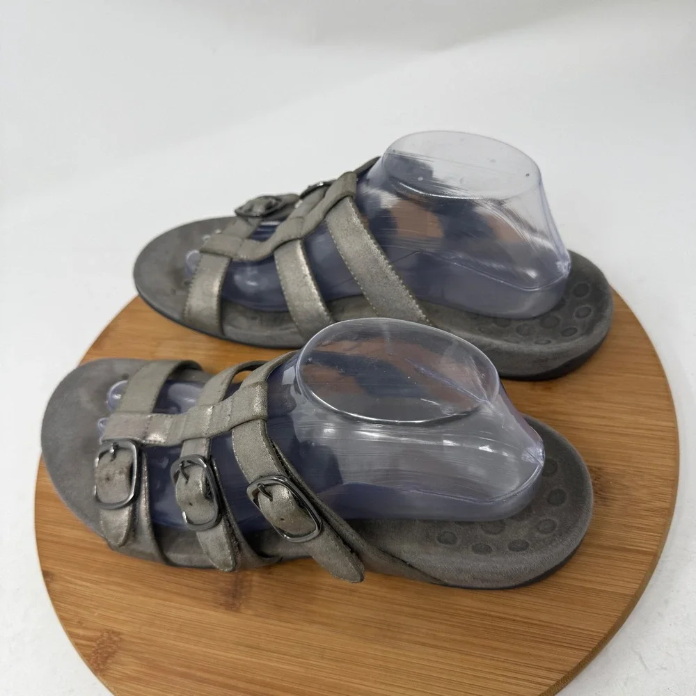 Vionic Misa Pewter Grey Metallic Leather Strappy Comfort Sandal Womens 10